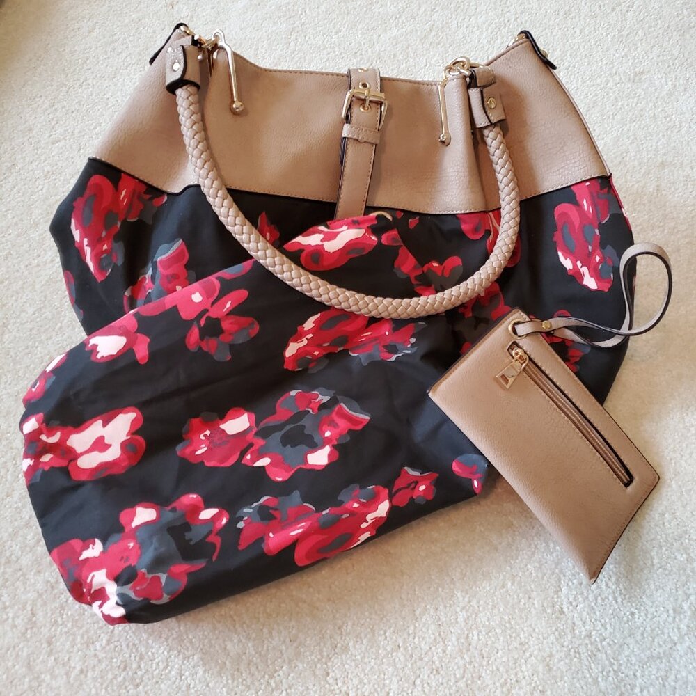 Black Rivet Black/Red Faux Leather Braided Handle Shoulder Bag Set